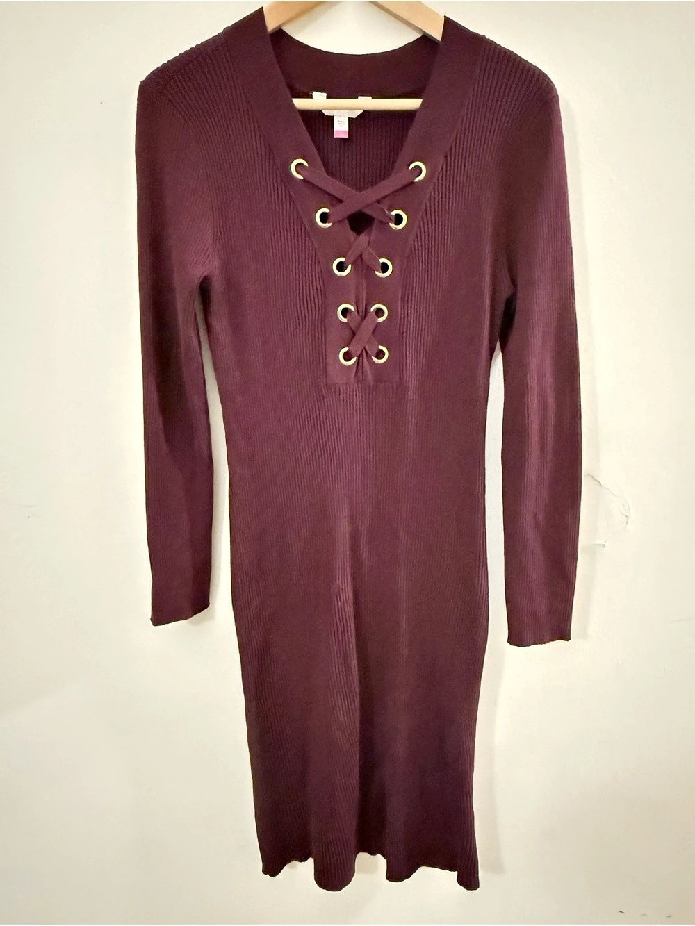 No Boundaries Ribbed Lace-Up Long Sleeve Sweater Dress Purple Large
